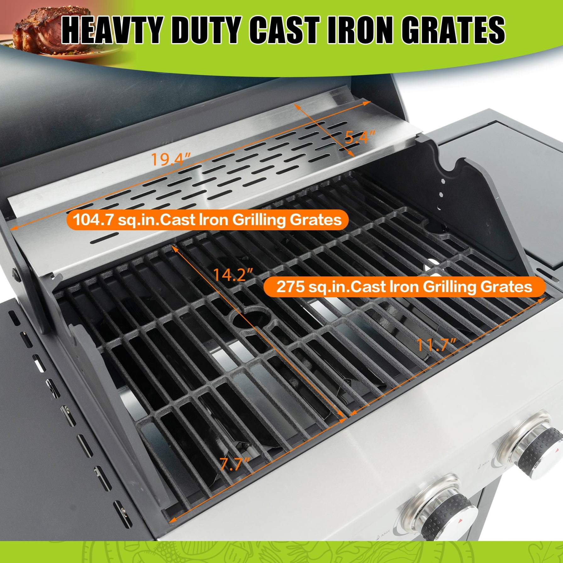 3 Burner Gas Grill, Stainless Steel Gas Grill with Side Burner, Thermometer and four Wheels, for Outdoor Cooking Kitchen, Garden and Patio Backyard Barbecue, Black and Silver