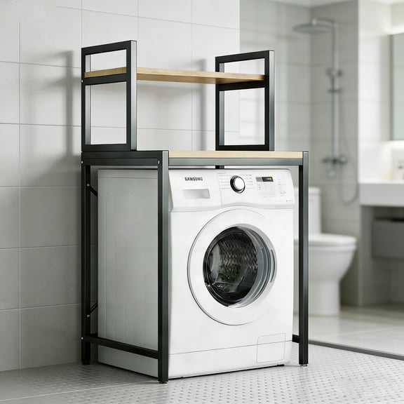 Sleek Over the Washer Storage Shelf, 2-Tier Over Washer and Dryer Shelf with Wooden Shelves, Multifunctional Over Laundry Storage Shelf for Laundry Room Organization, Black & White Options