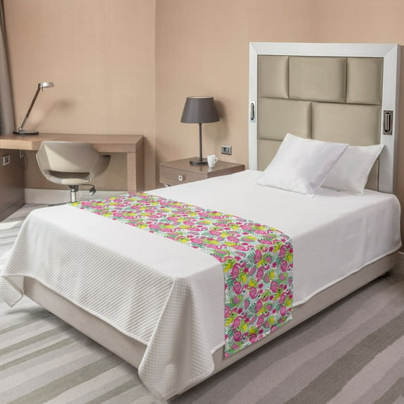 Tropical Bed Runner, Exotic Cartoon Pattern with Leaf Banana Watermelon Hibiscus and Happy Flamingo, Decorative Accent Bedding Scarf for Hotels Homes and Guestrooms, Twin, Multicolor, by Ambesonne