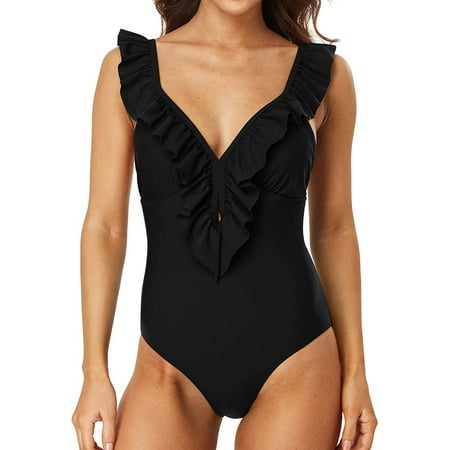 Womens Ruffle Cut Out One Piece Swimsuits Strappy Monokinis Swimwear Bathing Suits