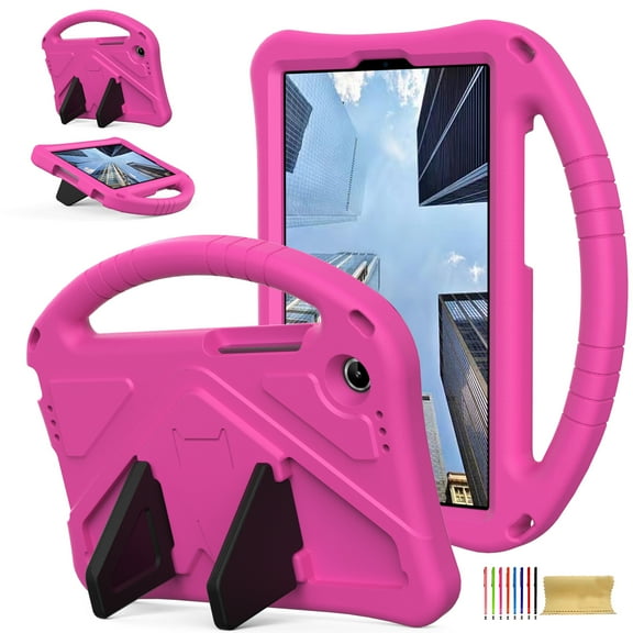 Kids Case for Lenovo Tab One/Tab K9 2025 (TB-305FU) 8.7 Inch with Kickstand/Handle Stand Lightweight Soft EVA Foam Shockproof Silicone Cover for Boys Girls, Rose