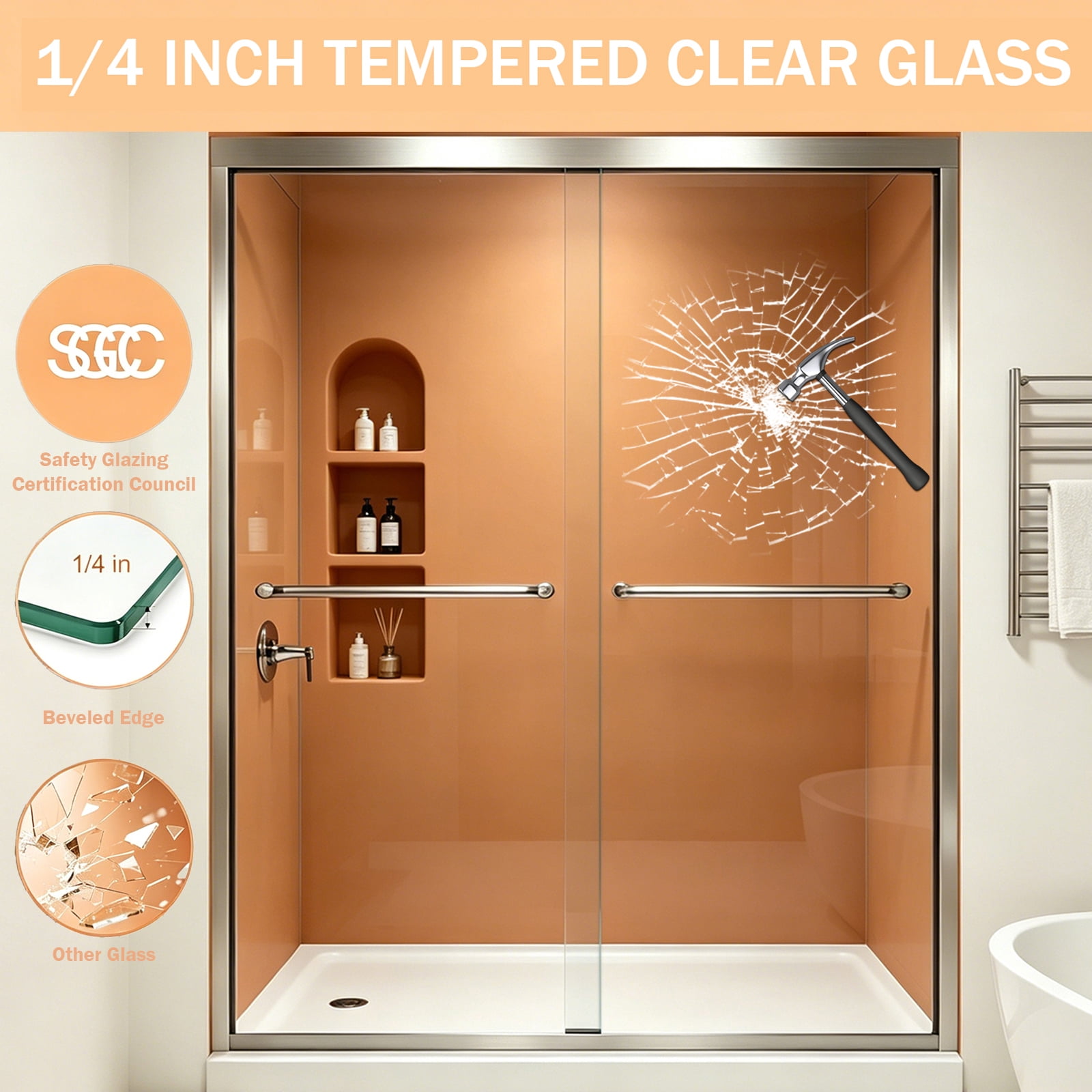 Brushed Nickel Shower Door Double Sliding 44-48 in. W x 72 in. H Semi-Frameless Bypasss Bathroom Glass Shower Sliding Doors,1/4 inch Clear Tempered Glass Door for Walk-in Shower