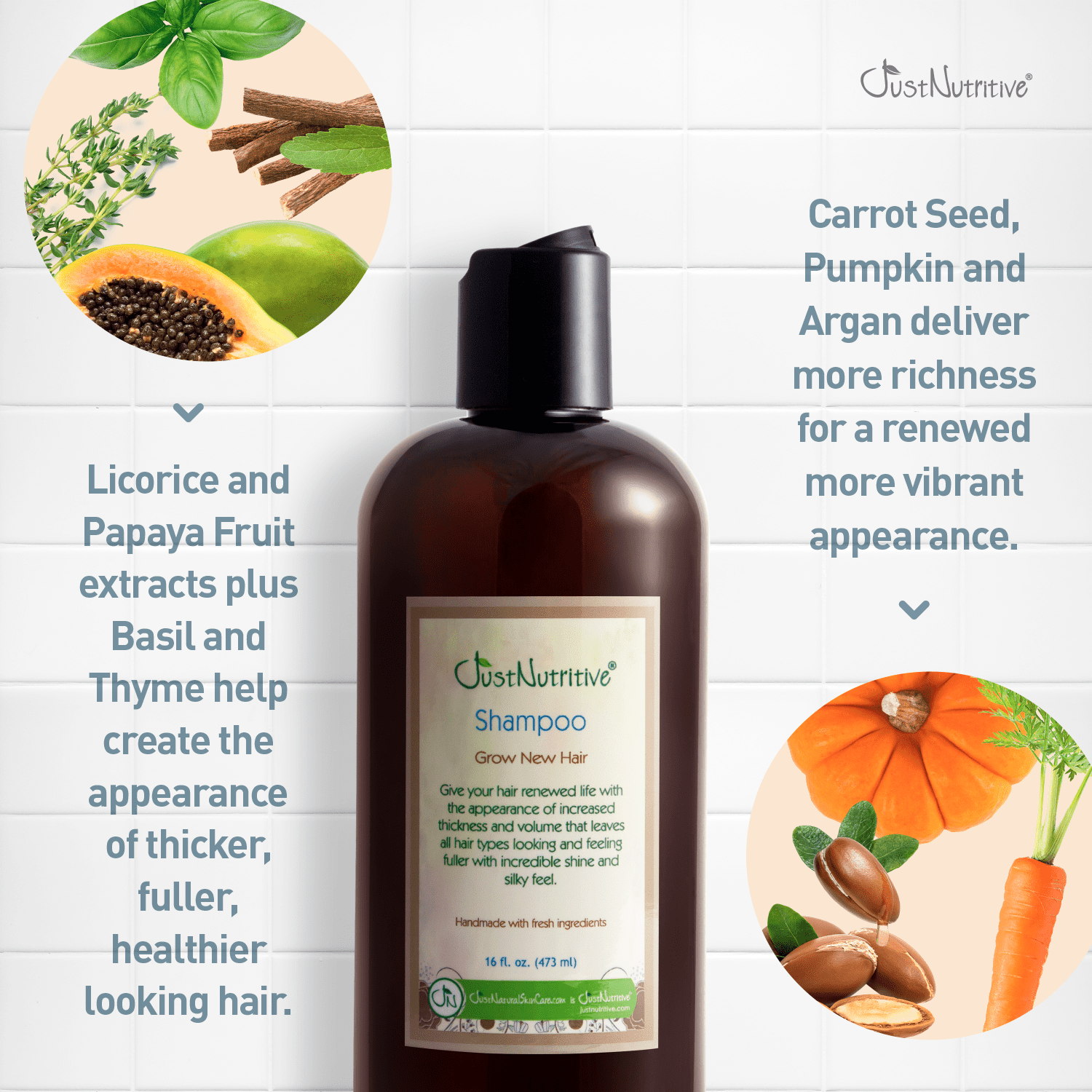 Just Nutritive Grow New Hair Shampoo for Healthier Fuller Hair Growth, Natural Haircare Shampoo for Men & Women, 16oz