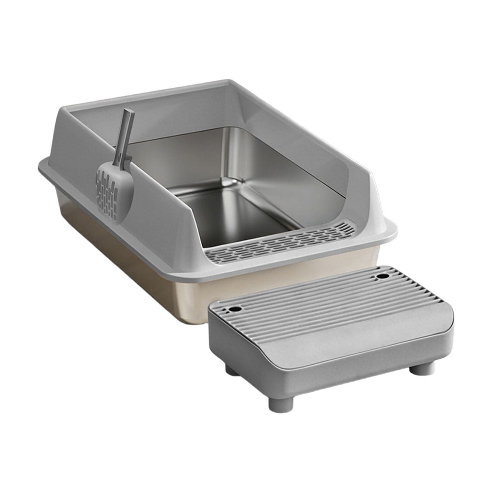 Stainless Steel High Sided Cat Litter Box With Step Platform And Scoop, Odor Control Large Capacity Easy Clean Pet Toilet For Small Cats Durable Anti Leak Design