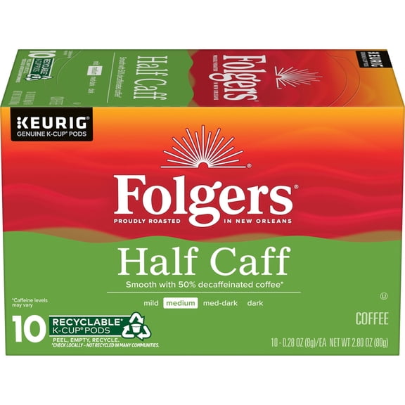 Folgers Half Caff Medium Roast Coffee, Keurig K Cup Pods, 10 Count Box