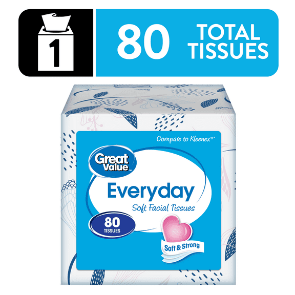 Great Value Everyday Soft Facial Tissues, 1 Cube Carton, 80 Tissues per Cube, 2-Ply