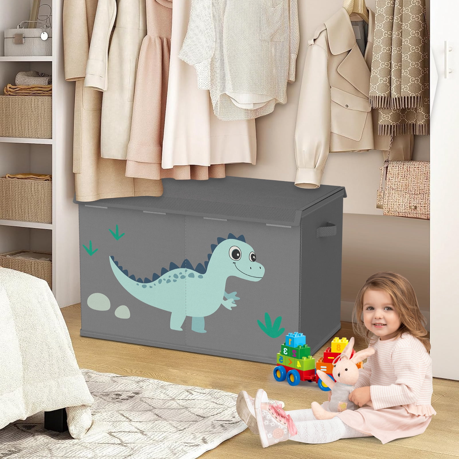 Toy Storage Box with Lids for Boys Girls - Fabric Large Kids Toy Chest Container, Foldable Basket Organsier with 2 handles for Toys,Books,Blankets,Clothes (Grey)