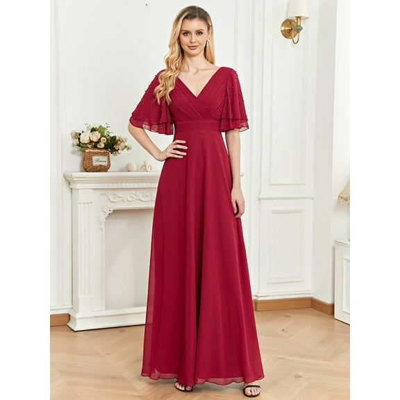 Wedding Dress Wedding Guest Dresses for Women Party Dress Women's Evening Dress Flared Sleeve Chiffon A-line Dress V-neck Wine Bridesmaid Dress