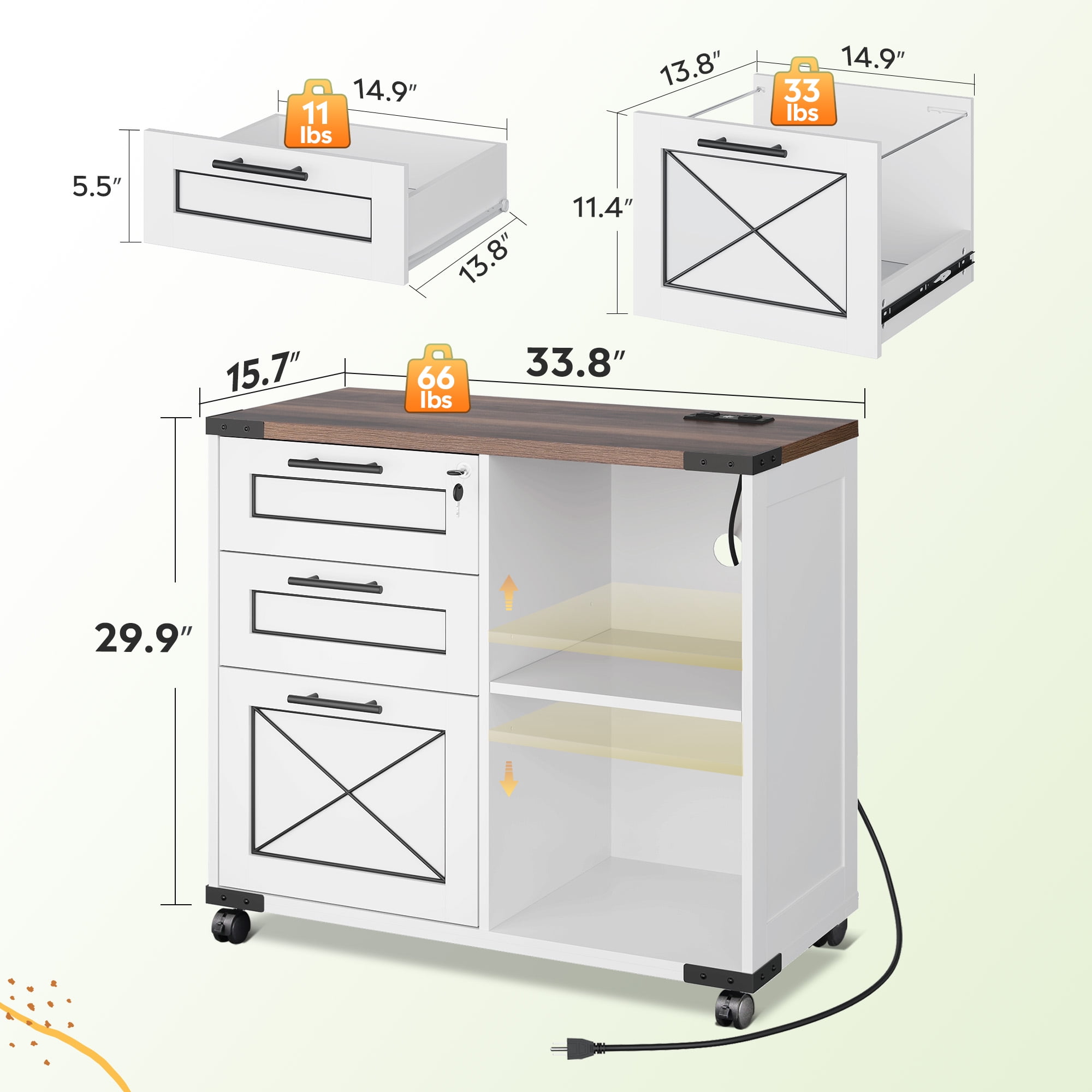 GALAXHERO 3-Drawer Locking File Cabinet, Wood Filing Cabinets with Charging Station, Rolling Printer Stand for Home Office, Dark Walnut