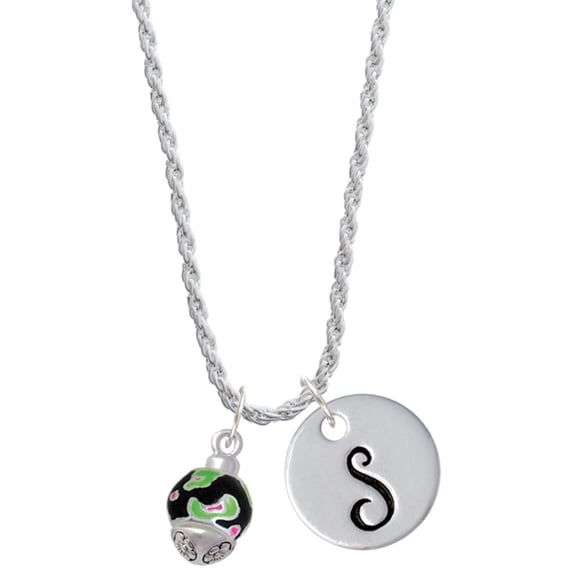 Delight Jewelry Silvertone Wide Lime Green Cheetah Print Band Spinner Silvertone Script Initial Disc - S - Charm Necklace, 20"+3"