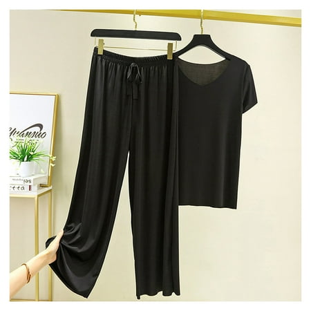 

Women s 2-Piece Summer Pajama Short Sleeve Tee & Loose Wide-Leg Pants Sleepwear