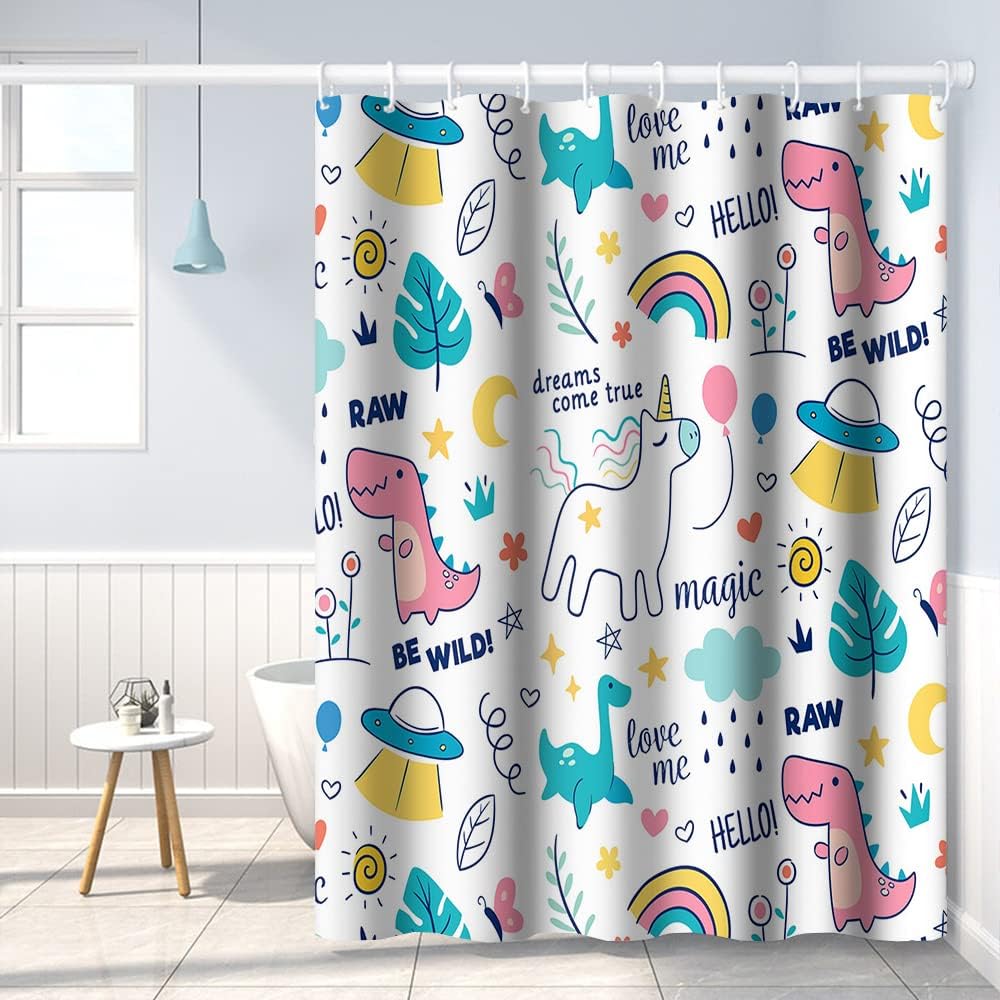 Dreamy Theme Bathroom Shower Curtain Cartoon Dino Dinosaur Rainbow Magical Shower Curtain with Hooks Waterproof Fabric Polyester Shower Curtain for Kids Girls Bath Decorative, 72x84 Inch
