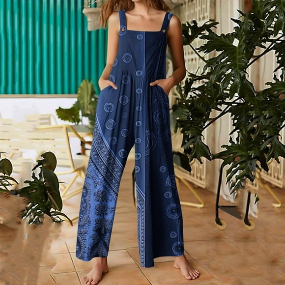 Mceream Womens Linen Bib Overalls Retro Floral Printed Patchwork Jumpsuits Casual Baggy Wide Leg Pant Boho Summer Outfits Clothes Plus Size Pantalones Baggy Para Mujer Navy S