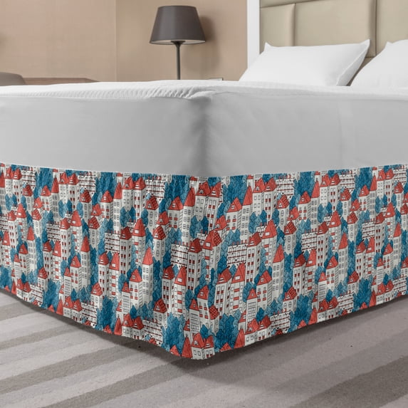 Urban Bed Skirt, City Landscape with High Buildings and Trees Repetitive Watercolor Style, Elastic Bedskirt Dust Ruffle Wrap Around for Bedding Decor, 4 Sizes, Sea Blue Dark Salmon, by Ambesonne