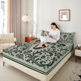 thumbnail image 3 of Feelyou Boho Damask Floral Bed Sheets, Mandala Skull Full Size Sheets, Sage Green Black, 4-Piece, 1 Flat Sheet, 1 Fitted Sheet and 2 Pillowcases, 3 of 5