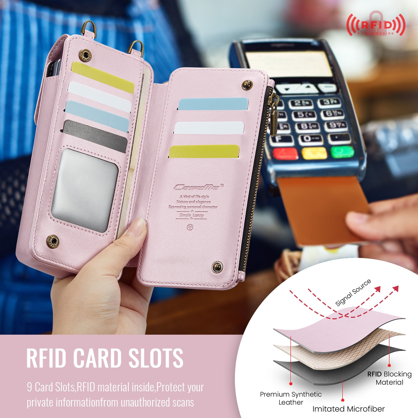 Crossbody Phone Bag Purse Wallet Case for iPhone/Galaxy/Pixel Series Cell Phones (Less Than or Equal to 7.6"), with Shoulder/Wrist Strap Lanyard, RFID Blocking Credit Card Slots, PU Leather Bag, Pink