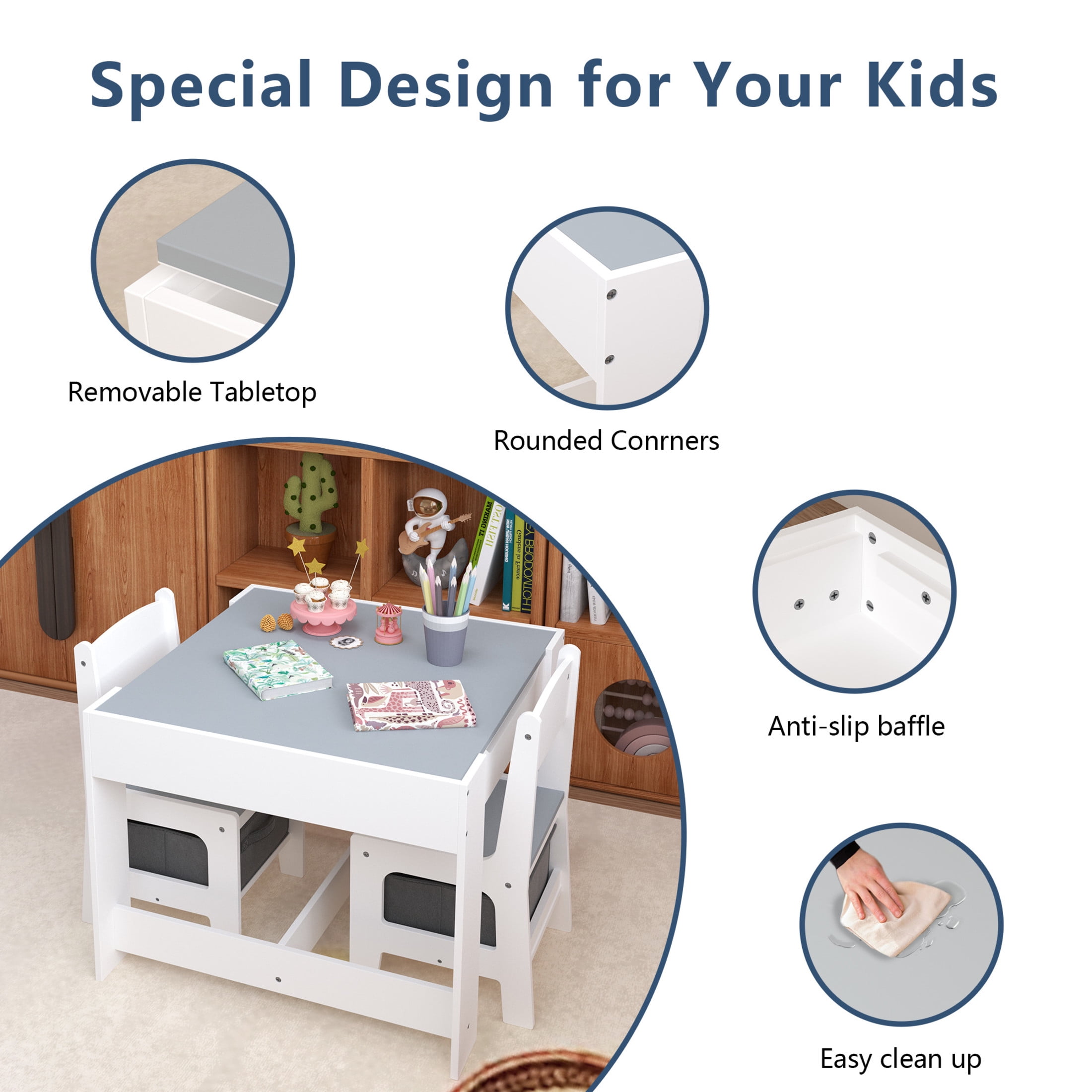 Noble House 3-in-1 Kids Wooden Activity Table and 2 Chairs Set, Reversible Blackboard Top with Storage Drawer, White