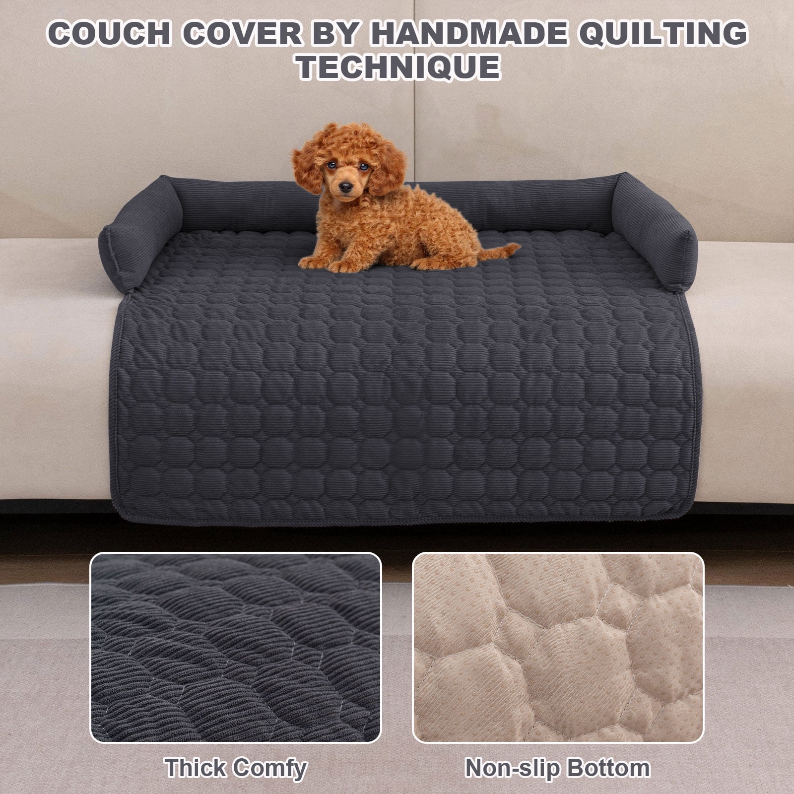 Eurhowing Dog Couch Cover 36"x36", Corduroy Dog Bed Mat for Couch with 3 Side Dog Pillow, Washable Sofa Cover Pet Furniture Protector for Dogs&Cats, Dark Gray