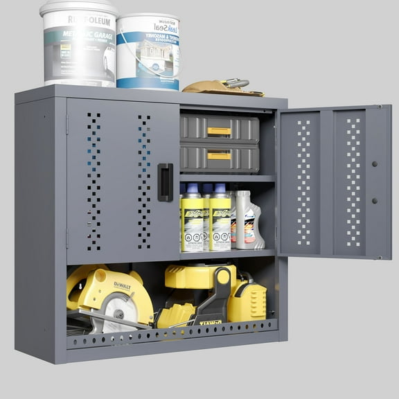 Metal Wall-Mounted Garage Cabinet in Gray with Removable Shelves, Efficient Storage Solution for Homes and Garages