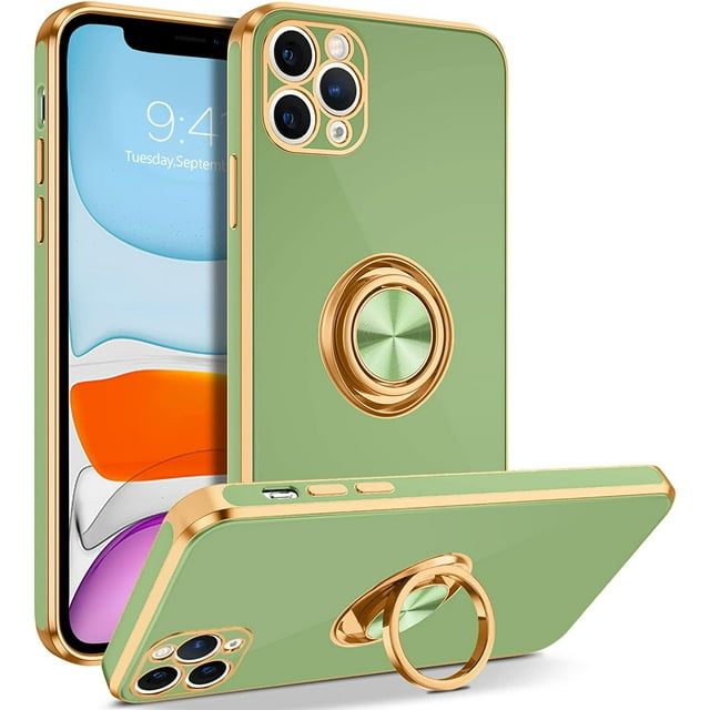 AmPm iPhone 11 Pro Case, iPhone 11 Pro Phone Case Ring Holder Edge Plating Rotation Kickstand Soft Silicone TPU Bumper Women Girls Shockproof Protective Case Cover for iPhone 11 Pro, Black
