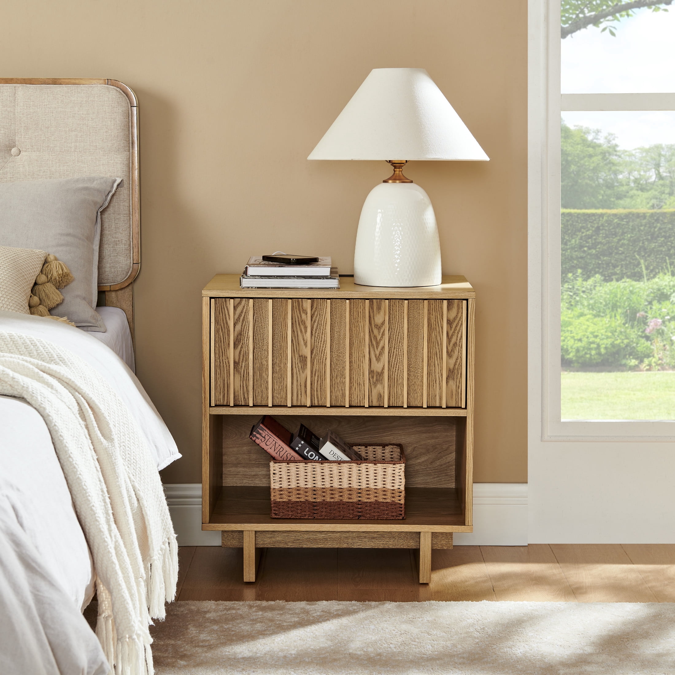 GDF Studio 23.4" Grille Slat Nightstand with Charging Station, Drawer & Open Shelf, Natural