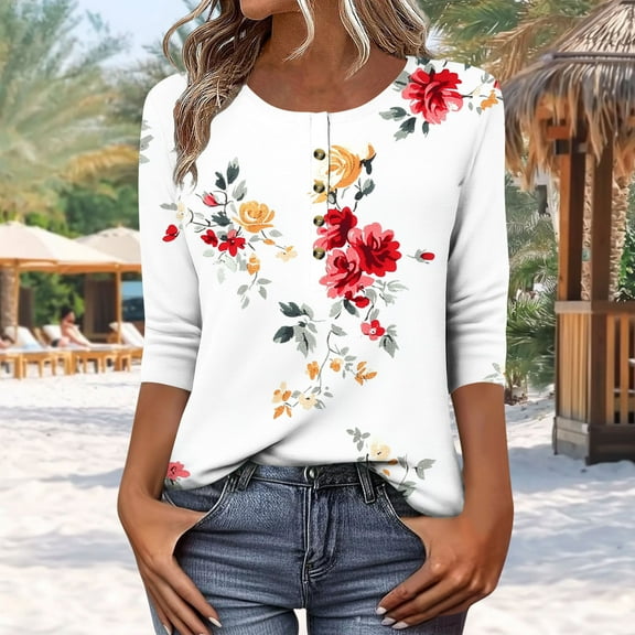 Shirts for Women under $10 3/4 Sleeve Button Printed T-shirt Casual Loose Top White S