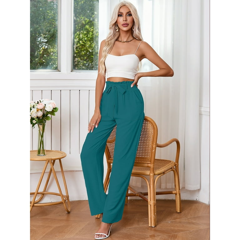 Chiclily Women's Wide Leg Pants with Pockets Turquoise Small Chiclily Women's Wide Leg Pants with Pockets Turquoise Small