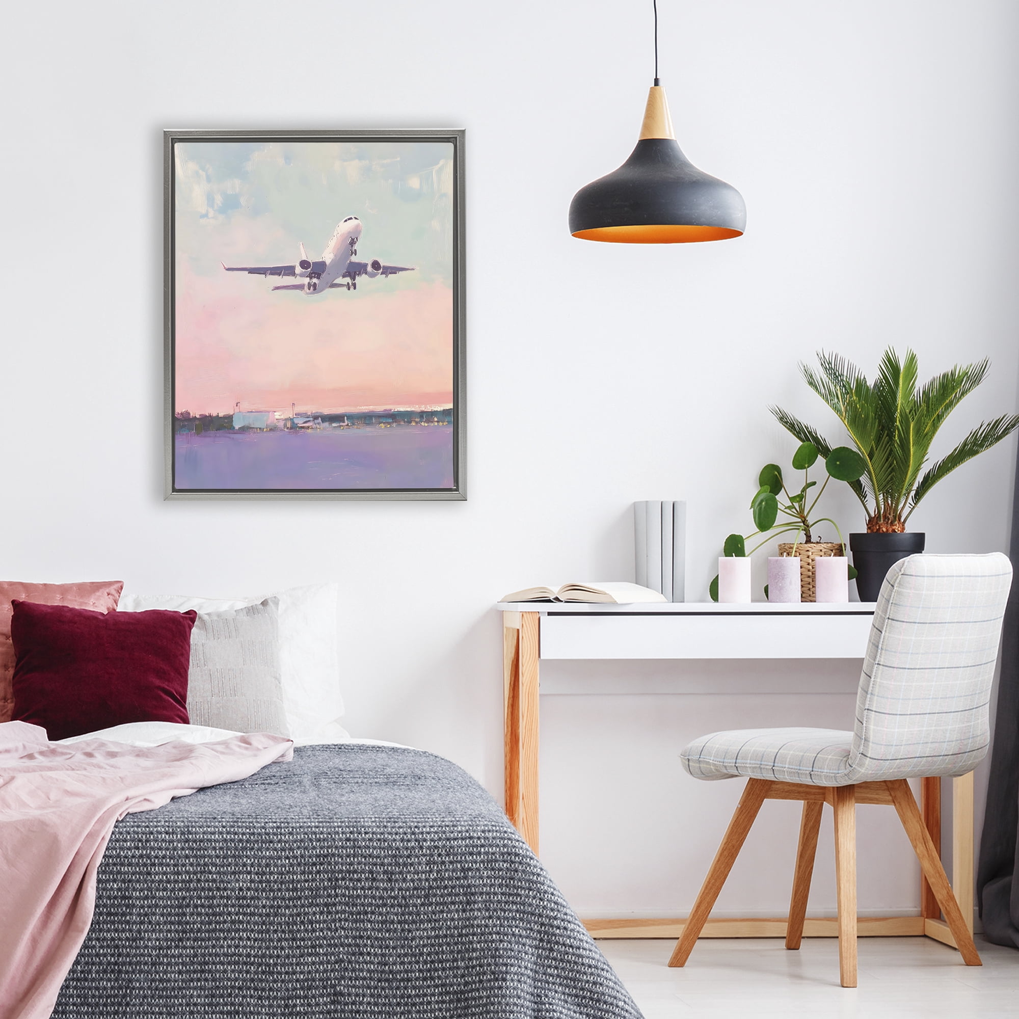 Stupell Industries Airplane Takeoff into Pastel Skies Gray Framed Floater Canvas Wall Art, design by The Prints Vibe