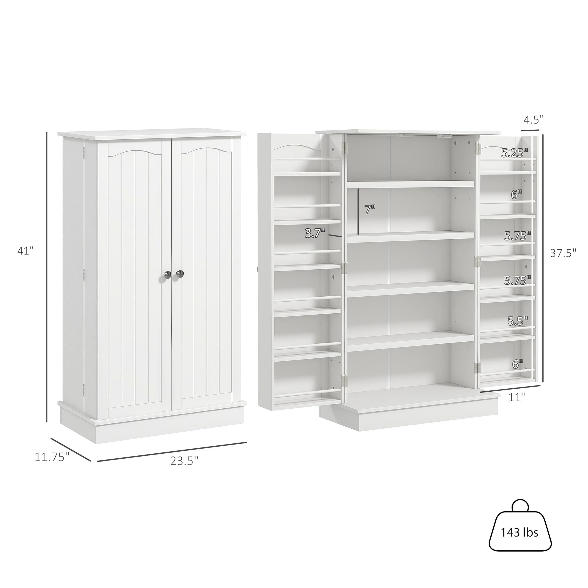 Kitchen Pantry Storage Cabinet with Adjustable Shelves & 12 Spice Racks, Freestanding Food Pantry Cupboard Anti-Tip Design MDF Organizer for Kitchen Dining Entryway White