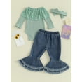 thumbnail image 4 of Bslissey Baby Girls 3Pcs Fall Outfits Long Sleeve Lace Patchwork Crew Neck Romper + Denim Flared Pants + Headband Sets Infant Casual Daily Clothes 0-24 Months, 4 of 9