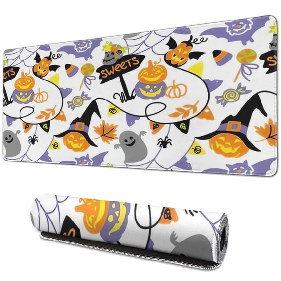 Long Mouse Pads for Desk,Halloween Sweets and Witchy Elements Desk Mats on Top Of Desks, Desk Mouse Pad Extra Large with 3mm Non-Slip Base and Stitched Edge for Gaming,Office,Work,Home 31.5x11.8in