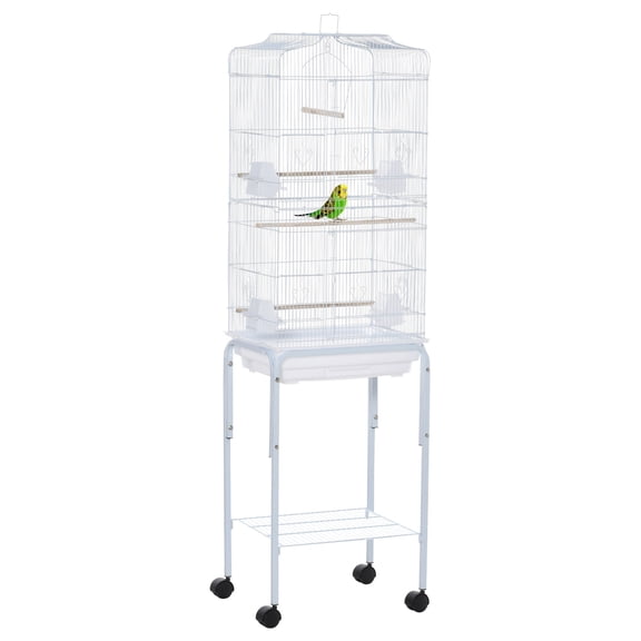 Pet Playpen PawHut 60" Metal Indoor Bird Cage Starter Kit with Detachable Rolling Stand, Storage Basket, and Accessories, White,Guinea Pig Cage
