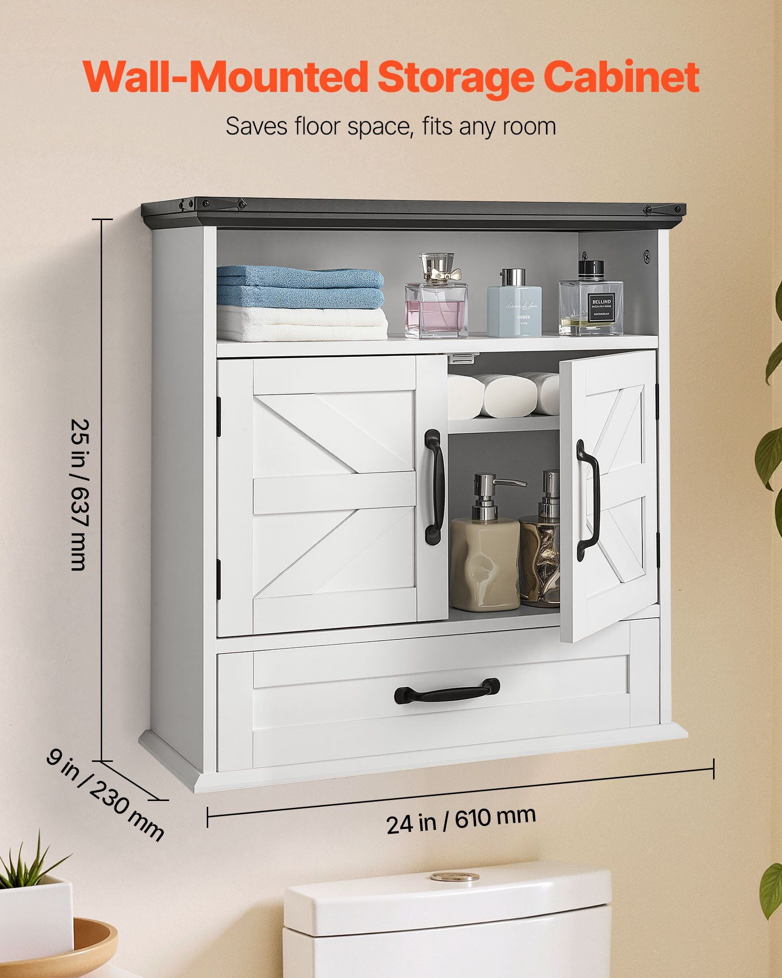 White Over-The-Toilet Bathroom Storage Cabinet with 2 Doors, Adjustable Shelf, Drawer & Open Compartment - Wall-Mounted Medicine & Organizer Cabinet for Laundry Room, Kitchen, Restroom