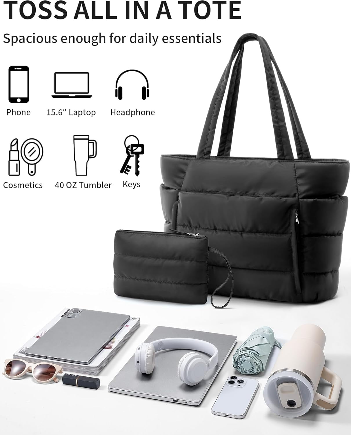 ZUTOYBOLIN Puffer Tote Bag for Women, Lightweight Puffy Work Handbag Teacher Nurse Quilted Shoulder , Daily College Bags, 15.6" Computer Bag, Clinical Nursing Bag, Ideal Gift for Women. Black