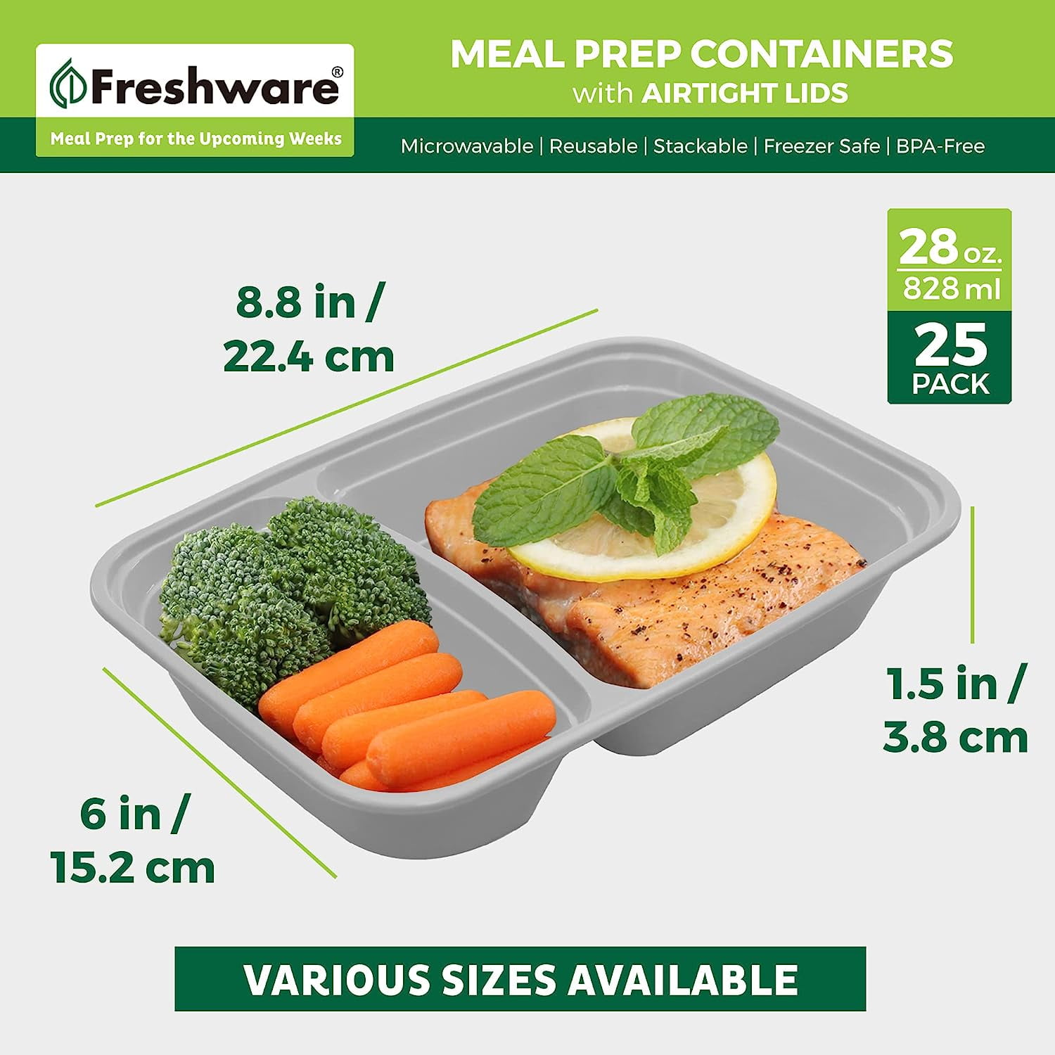 Freshware 15-Pack 3 Compartment Bento Lunch Boxes with Lids - Stackable  Reusable Microwave Dishwasher & Freezer Safe - Meal Prep Portion Control 21  Day Fix & Food Storage Containers (32oz), YH-3X15 
