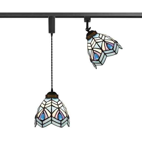 KAYYELAMP H-Type Track Mount 1Pcs 3.9Ft Adjustable Cord Pendant Light, 1Pcs Adjusted Angle Track Lamp Blue Glass Shade Handmade Pastoral Style For Home Office(No Bulb, Track)