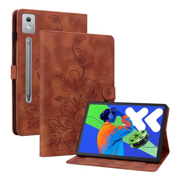 XYX for Lenovo Xiaoxin Pad Pro 12.7 inch 2025 Case, PU Leather Slim Folio with Multi-Angle Stand, Brown Lily Flower