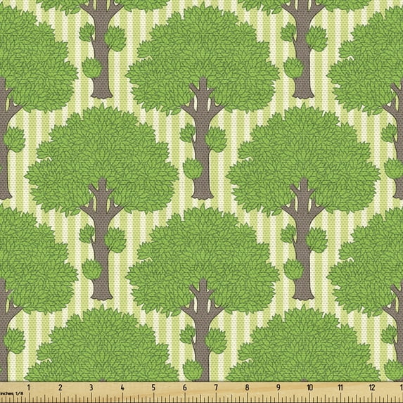 Forest Fabric by the Yard, Woodland Trees Willow Leaves on Stripes Retro Nature Life Growth Season Design, Upholstery Fabric for Dining Chairs Home Decor Accents, Green and Taupe by Ambesonne
