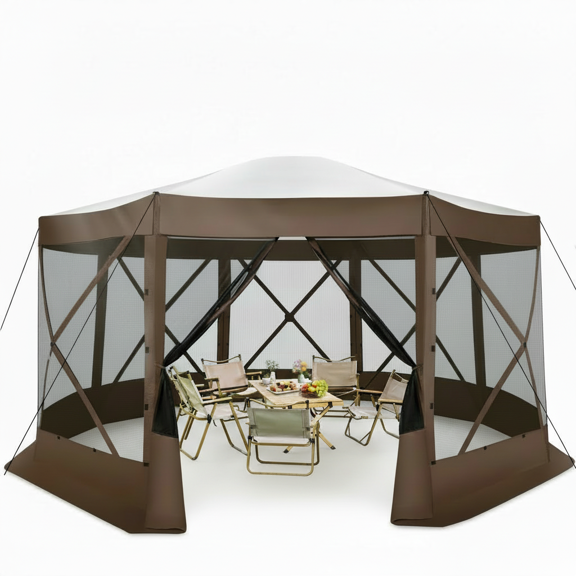 HOTEEL 15x15ft Outdoor Pop Up Gazebo for Camping, Screen Tent with Mosquito Netting, Waterproof, UV Resistant, Portable Carry Bag, Brown