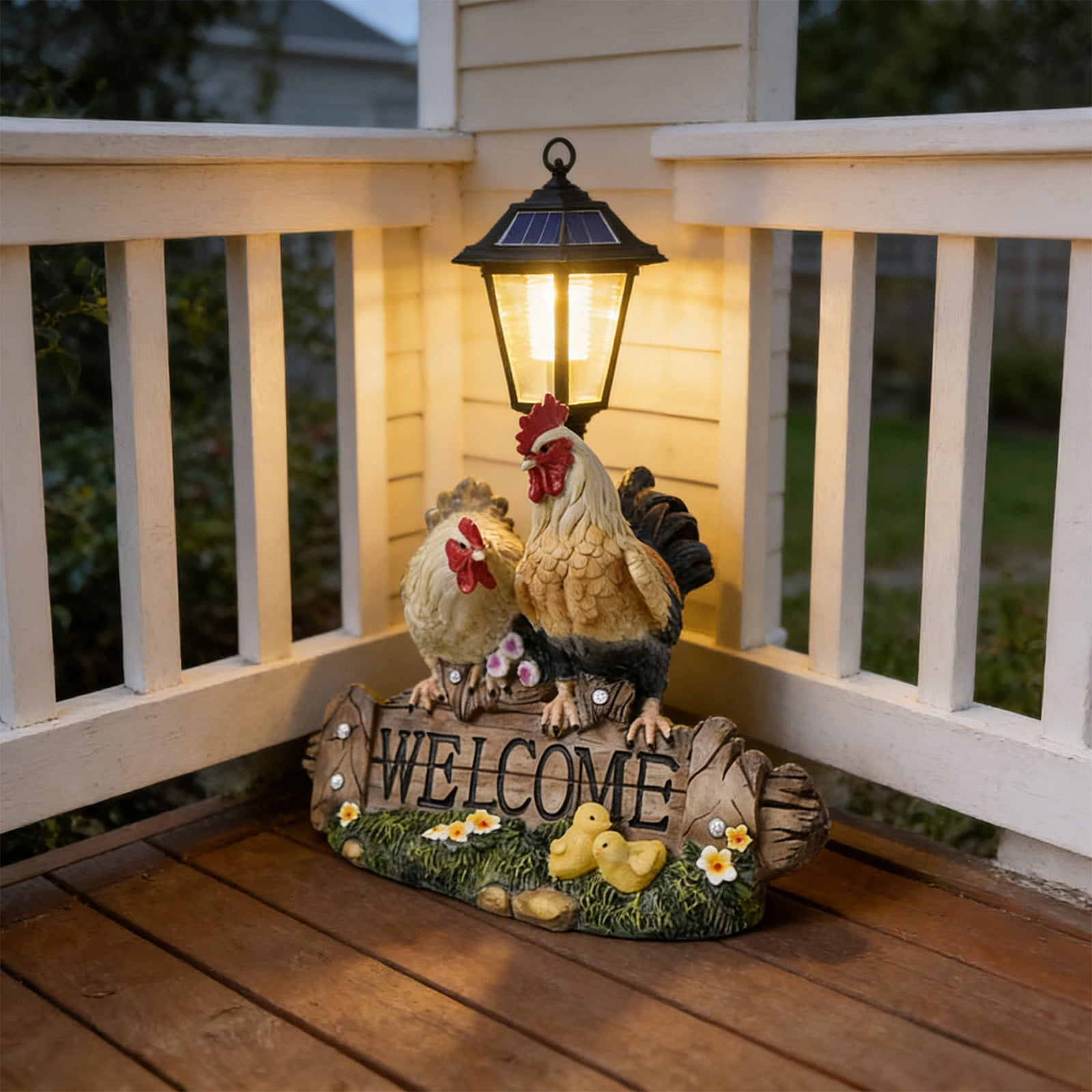 Solar Rooster Garden Light Outdoor Decor,Chicken Hen Couple Figurines Decorations with Lantern Resin Statue for Patio Yard Lawn Walkway Ornaments Mother's Day Birthday Gift For Mom
