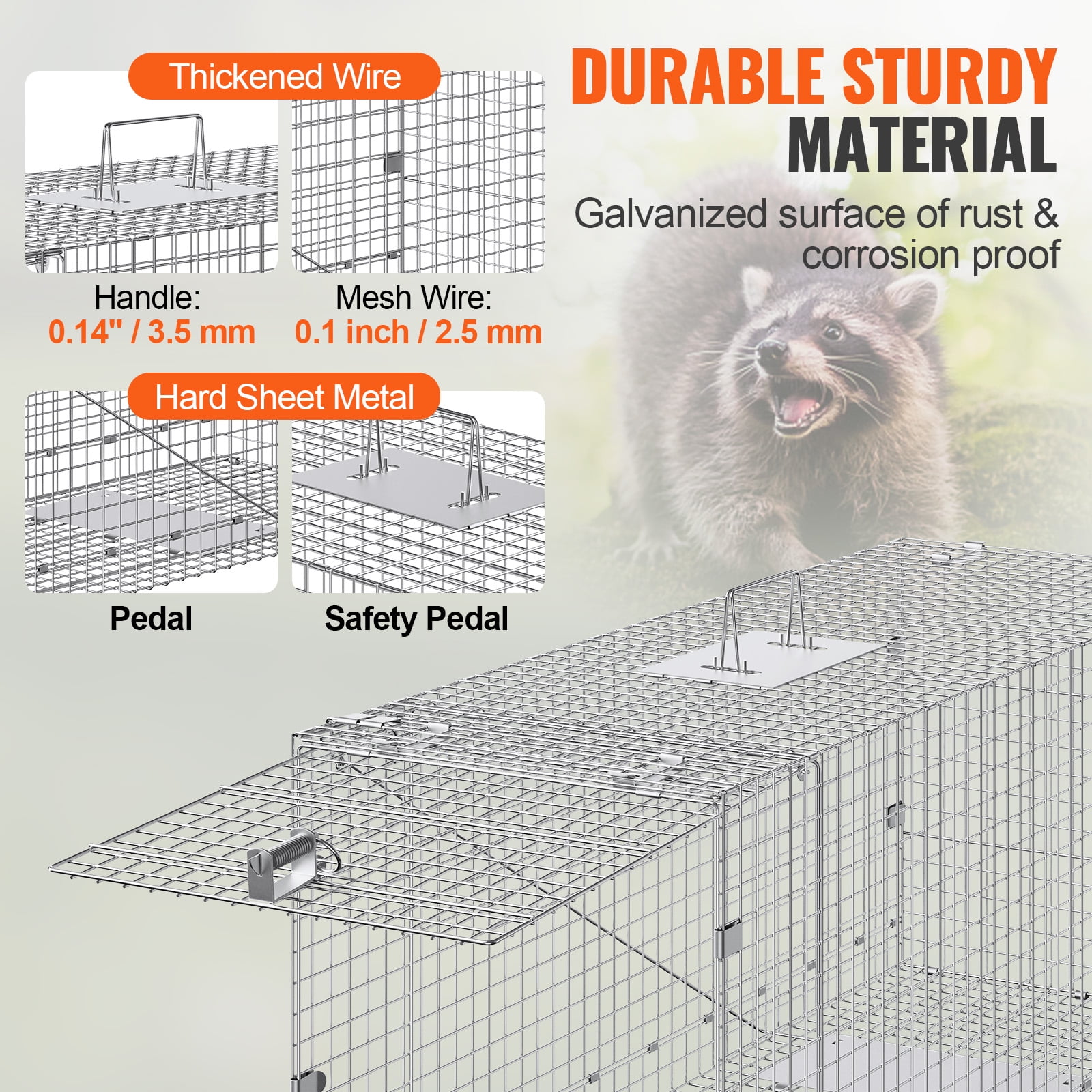 VEVOR Humane Live Animal Trap, Dimensions 50" x 20" x 26", Crafted from Galvanized Iron, Collapsible Design with Carrying Handle for Capturing Stray Dogs, Armadillos, Raccoons, Marmots, and Foxes