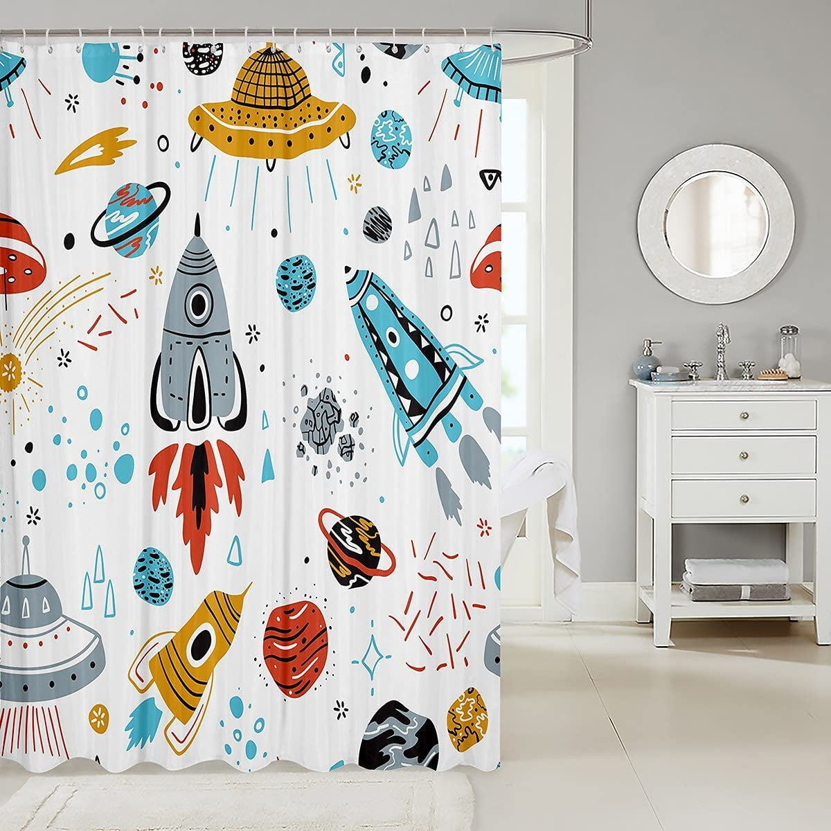 Kids Space Rocket Shower Curtain Boys Universe Planet Bathroom Shower Curtain Set for Children Outer Space Adventure Bath Curtain Space Ship Design Waterproof Room Decor 72"x72"
