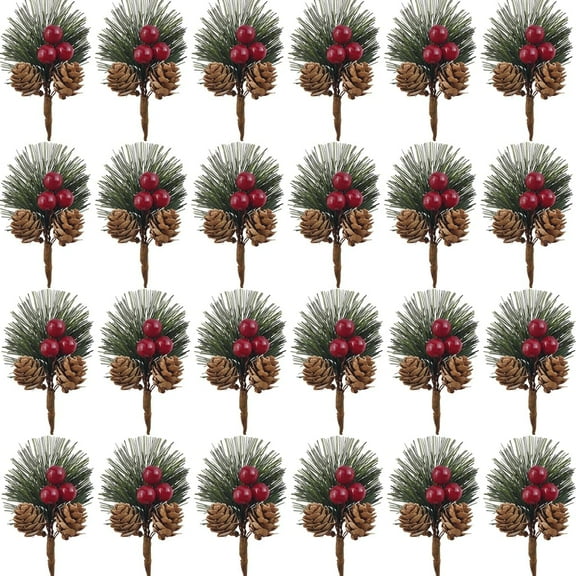 Minzimin 25PCS Artificial Pine Picks, Pine Needles Branches with Red Berry Stems, Small Fake Berries Pinecones Branches for Crafts Christmas Tree DIY Garland Holiday Wreath