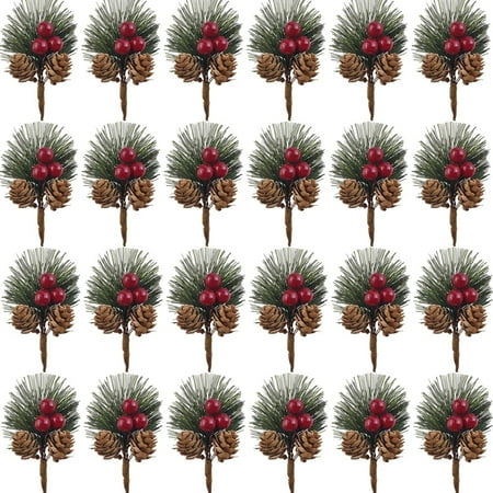 

WadwP 25PCS Artificial Pine Picks Pine Needles Branches with Red Berry Stems Small Fake Berries Pinecones Branches for Crafts Christmas Tree DIY Garland Holiday Wreath Green Red and Brown