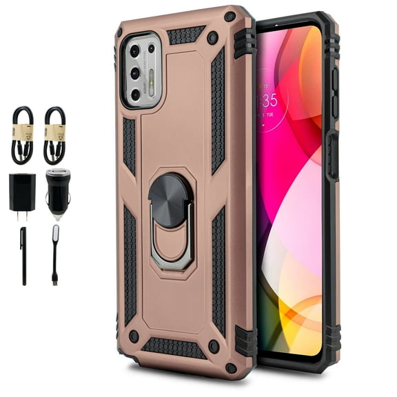 Value Pack + for Motorola Moto G Stylus 2021 (NOT FIT 2020 Version) with Tempered Glass Case Hybrid Phone Case Ring Magnet Mount Ready Grip Grids Kickstand Slim Shock Bumper Cover