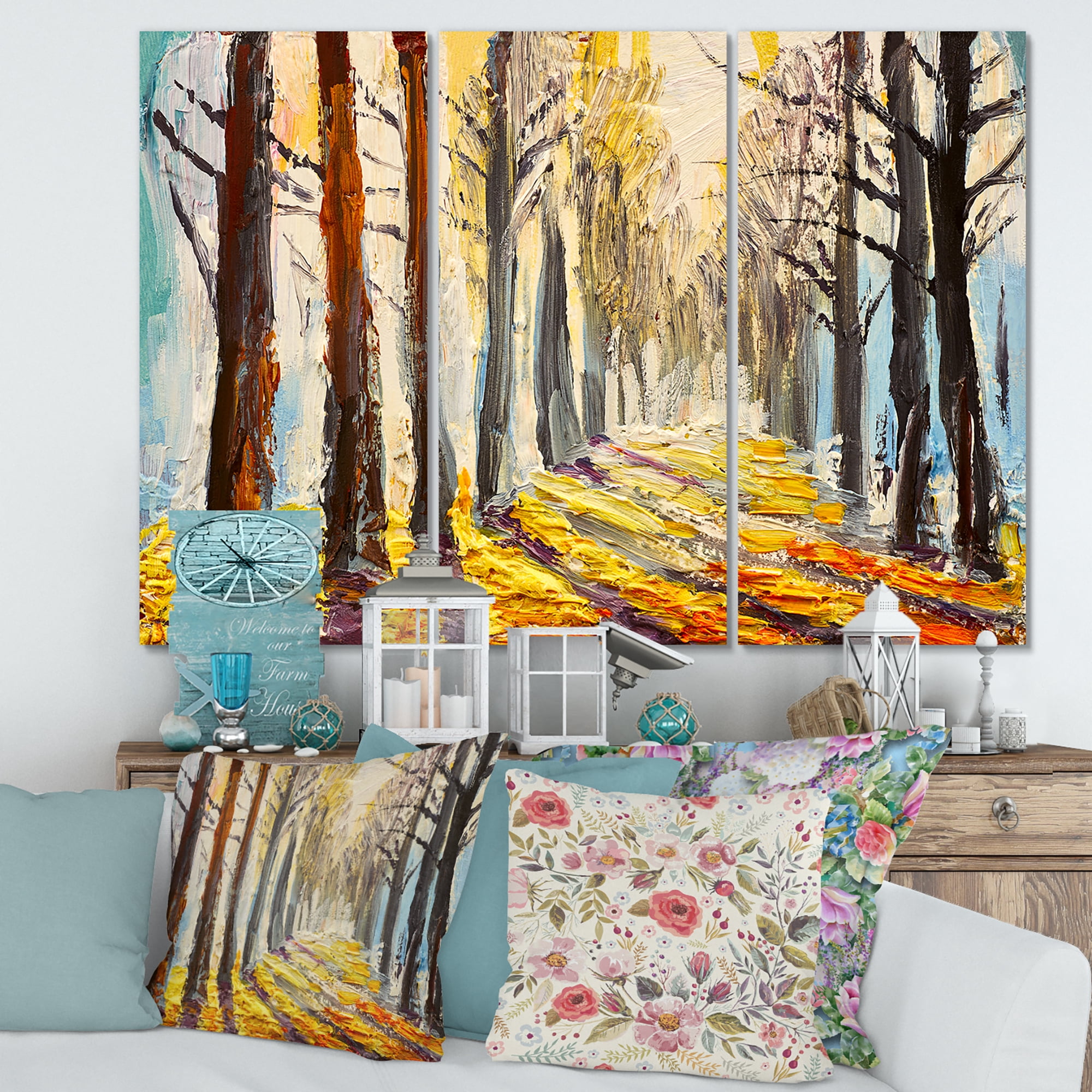 Designart ' Morning Glow Through The Autumn Trees ' Lake House Canvas Wall Art Print