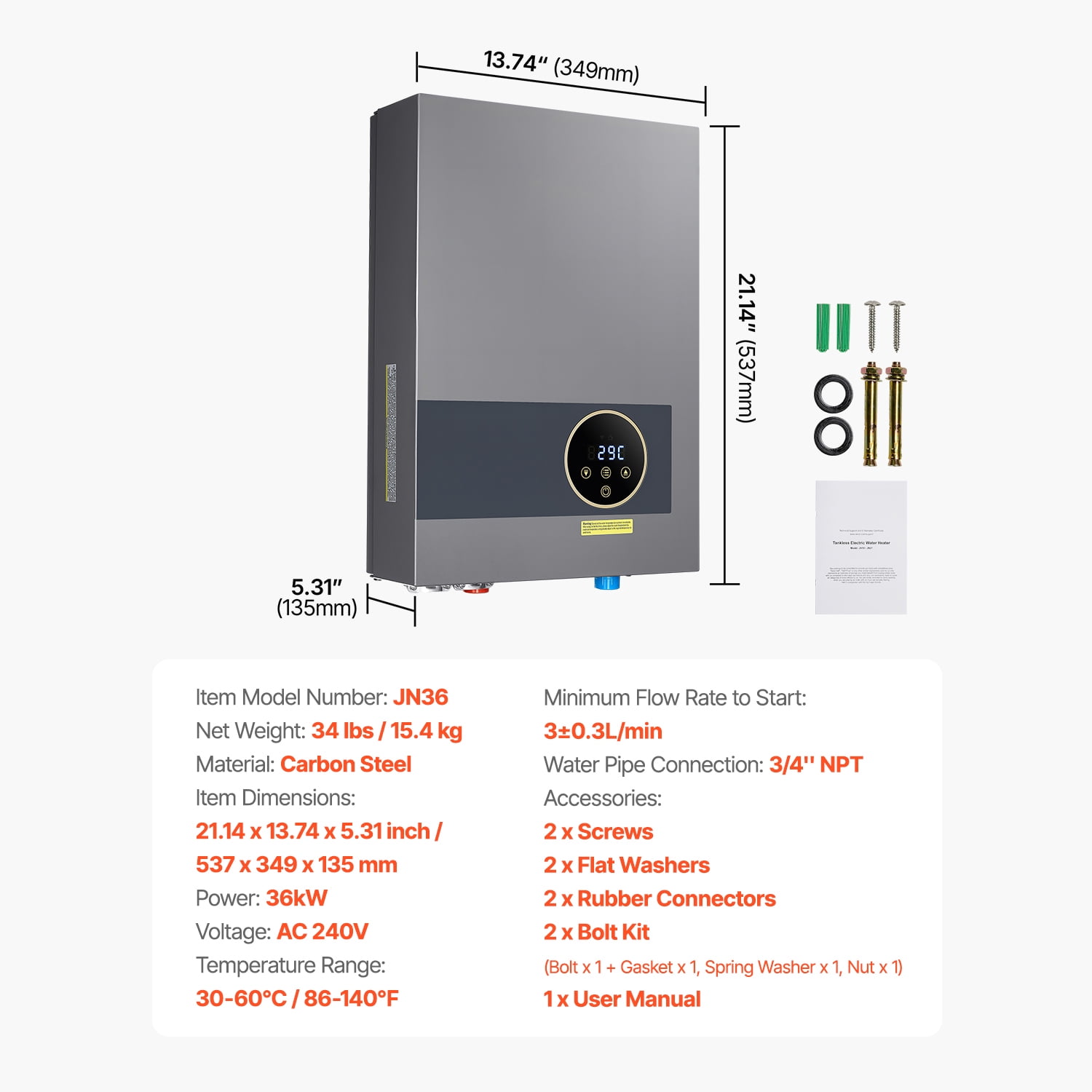 KFFKFF 36kW Tankless Electric Water Heater, Instant Hot Water System for Bathroom, Kitchen, or Office, Features LCD Touch Screen, Child Safety Lock, Compact Design, 240V