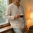 thumbnail image 5 of VeFlora Men's Linen Shirt, Long-Sleeve, V-Neck, Button-Down Linen Shirt, Men's Summer Shirt, Lightweight, Casual Shirt, Men's Shirts, Beach Shirt(Beige/L), 5 of 8