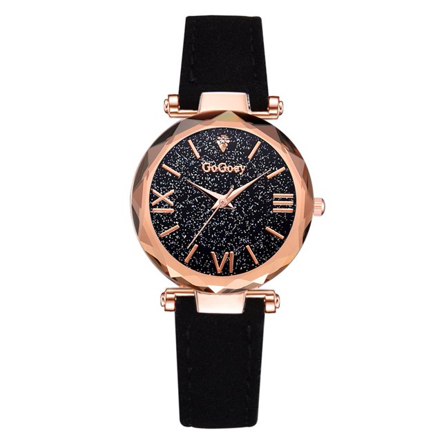 Reloj de pulsera analógico de cuarzo con correa de PU de aleación para mujer con esfera de cielo estrellado de moda (negro)