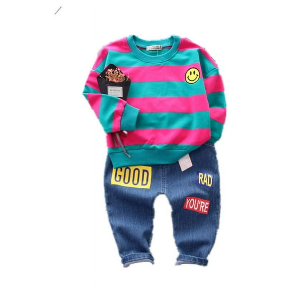 Spring and Autumn Boys' Baby Garment Set Fashion Cotton Top Jeans Two-piece Boys' Stripe Fashion Set
